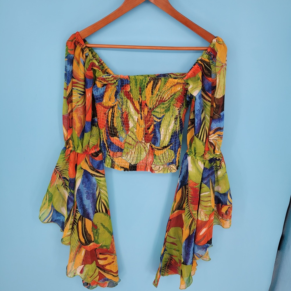 Live 4 Truth Tropical Palm Leaf Smocked Crop Top Womens Small S Boho resort vaca